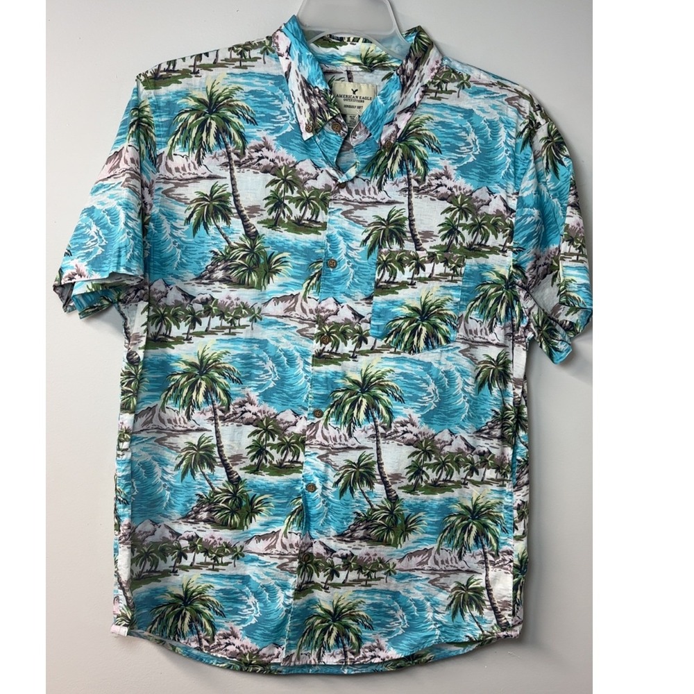 American Eagle | Tropical Palm Tree Island Button Up Shirt | Size XL